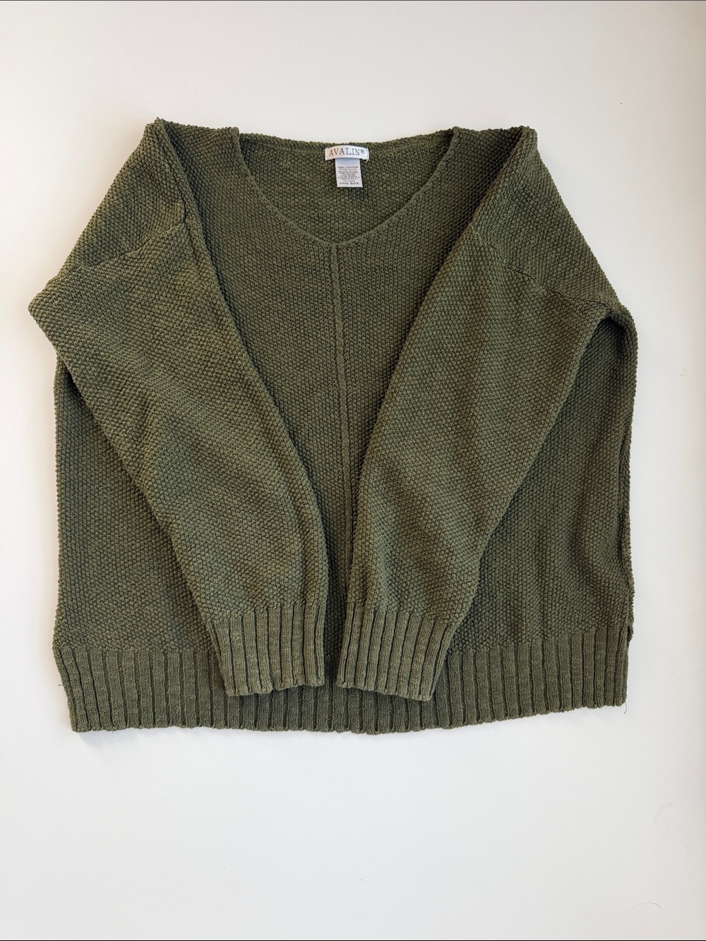Avalon Olive V-Neck Textured Knit Sweater